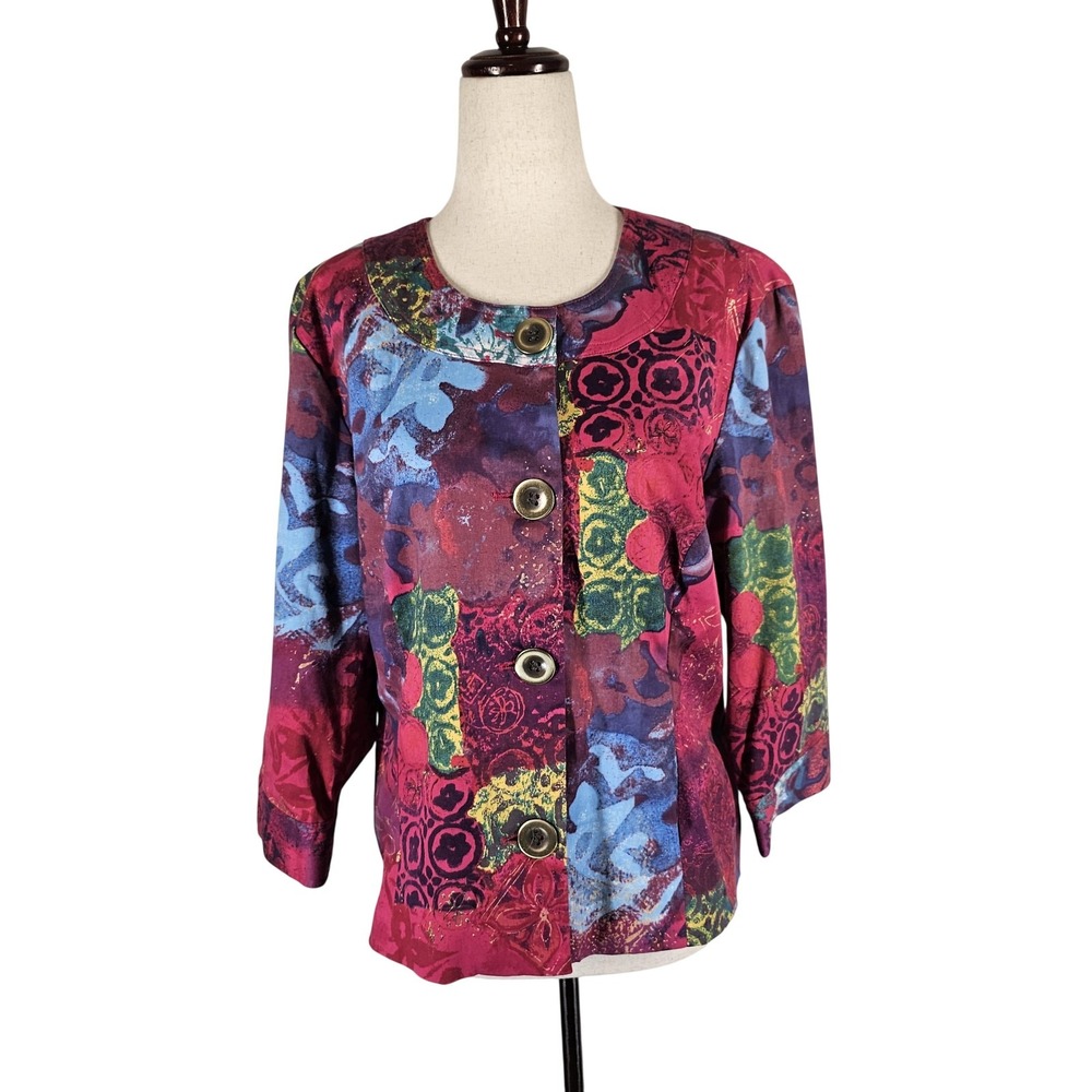 Coldwater Creek Jacket Womens 12P Multicolor Floral Art‎ Collarless Button Lined
